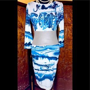 Beautiful Blue & white abstract design curve hugging dress.